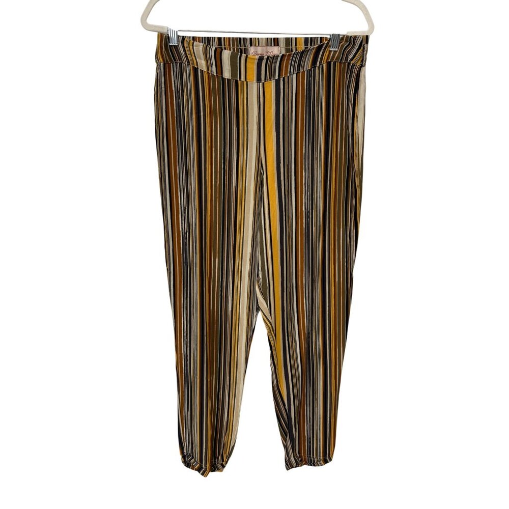 Donna L'oren Striped Pull On Pants Size XL Elastic Waist Tapered Leg Multi Rayon